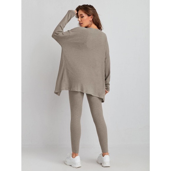 3 piece set: Waffle Knit Tank Top & Leggings & Coat cardigan tan gray - Picture 3 of 16